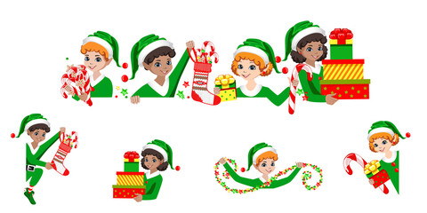 Vector set of happy Christmas elf with gifts, sweets and decorations. Merry Christmas and Happy New Year.