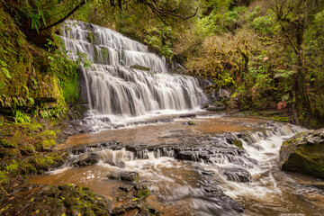 Puraukaunui Falls, a major visitor attraction in the Catlins area of Otago, New Zealand.