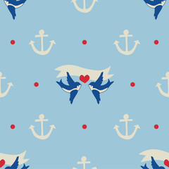 seamless pattern with swallows with banderole and a red heart, anchor and red dots