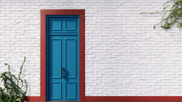 Blue vintage door on white brick. 3D rendering
