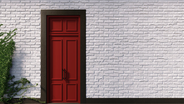 Red Vintage Door On White Brick Wall. 3D  Rendering