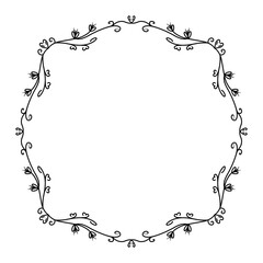 Hand drawn wreath of hearts, curls, dots on a white background. Black and white illustration of a round frame made of doodle elements with place for text. Isolated object for invitation, greeting card