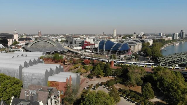 Trains approaching main railway station in Cologne, Germany.