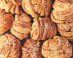 Traditional Swedish cinnamon buns. Very popular snack throughout Scandinavia. Top view