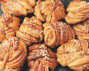 Traditional Swedish cinnamon buns. Very popular snack throughout Scandinavia. Top view