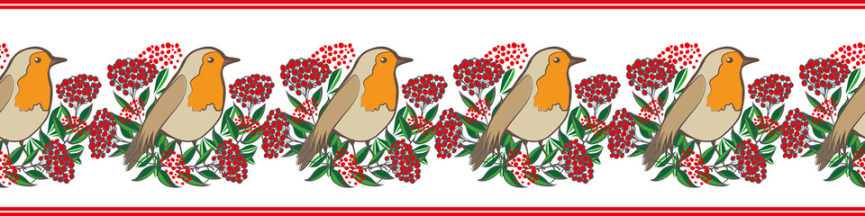 Elegant vector border with Robin Redbreast and cotoneaster berries and leaves. Banner with clusters of garden bird sitting amongst lush foliage and shrub fruit. Winter festive nature wildlife design