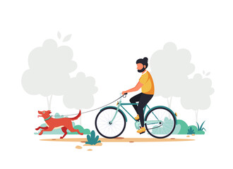 Man riding bike with dog. Healthy lifestyle, outdoor activity concept. Vector illustration.