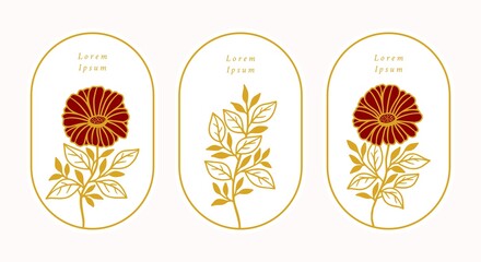 Set of hand drawn vintage gold botanical daisy, gerbera flower, and leaf branch vector illustration elements for feminine logo and beauty brand