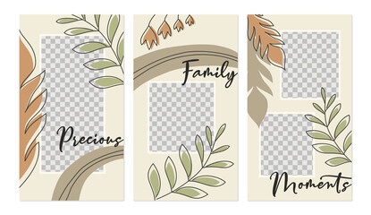 Stories template set, precious family moments collage images layout, floral autumn leaves line art vectors 