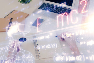 Science formula hologram over woman's hands taking notes background. Concept of study. Multi exposure