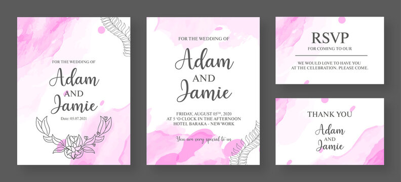 Pink and white watercolor wedding invitation card design with abstract floral background.