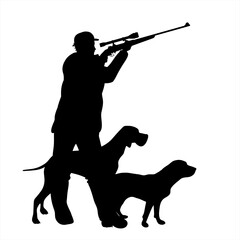 Vector silhouette of hunter with dogs hunting with gun. Symbol of killing animals.