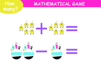 mathematical examples of addition and subtraction. educational page for children. cute aliens