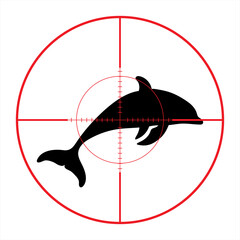 Vector silhouette of dolphin in rifle sight while hunting. The ocean creatures in focus.