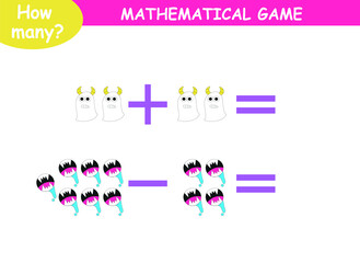 mathematical examples of addition and subtraction. educational page for children. cute aliens