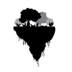 Vector silhouette of piece of land with trees and poultry on white background. Symbol of nature and planet.