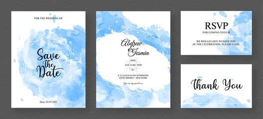 Abstract blue and white watercolor wedding invitation card design.