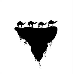 Vector silhouette of piece of land with camel on white background. Symbol of nature and planet.