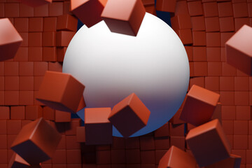 3d illustration of a large white ball bursting out of a wall of brown cubes. Technology geometry  background. Flying ball and cubes