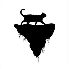 Vector silhouette of piece of land with cat on white background. Symbol of nature and planet.