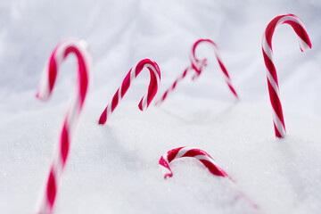 Red and white candy canes stick in snow, winter landscape concept 