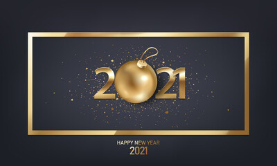 Happy New Year 2021 background with Christmas decoration and confetti in the golden frame. Holiday greeting card design.