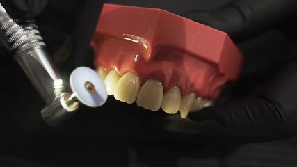 Demonstration of dental composite polishing - eye level Detail closeup