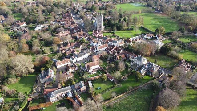 A drone flight over Dedham on the Essex/Suffolk border towards the church with views of the whole village and surrounding countryside including the High Street.