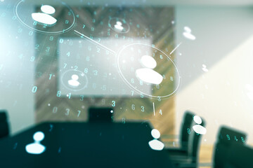 Double exposure of social network icons hologram on a modern boardroom background. Networking concept