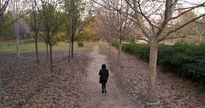 mujer de negro camina de espalda por sendero oto&ntilde;o vista desde dron