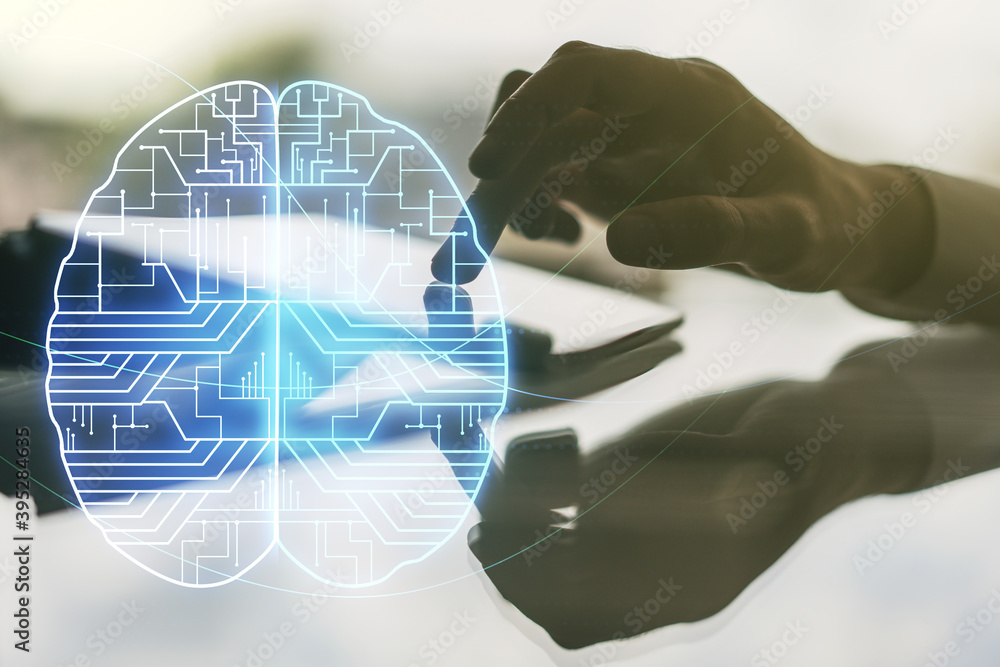 Poster double exposure of creative human brain microcircuit and hand working with a digital tablet on backg