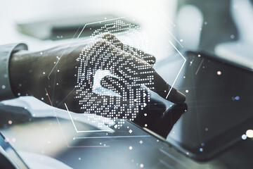 Abstract creative fingerprint concept with finger clicks on a digital tablet on background. Multiexposure