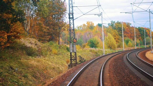 Looking out behind a train on a beautiful autumn day as it travels down the railway and autumn leaveas are falling from the trees