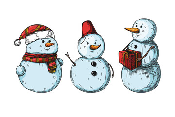 Set of different snowmen isolated on white background. Sketch, hand drawn