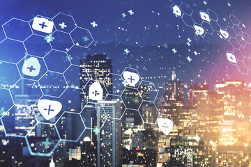 Abstract virtual medical sketch on San Francisco office buildings background. Medicine and healthcare concept. Multiexposure