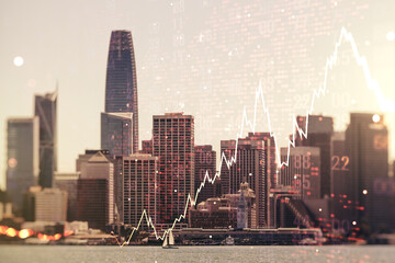 Obraz premium Multi exposure of abstract financial diagram and world map on San Francisco office buildings background, banking and accounting concept