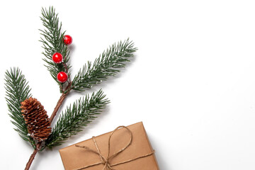 Christmas composition. Gift boxes and decorations on a white background. Christmas, winter, new year concept. Flat lay, top view, copy space