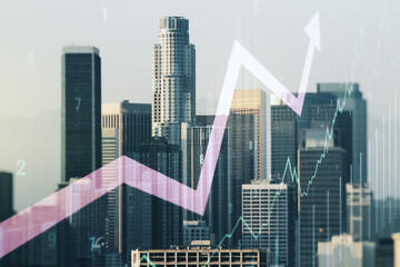 Double exposure of abstract creative financial chart and upward arrow illustration on Los Angeles city skyscrapers background, research and strategy concept
