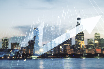 Abstract creative financial diagram and upward arrow hologram on Chicago office buildings background, growth and development concept