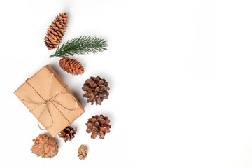 Christmas composition. Gift boxes and decorations on a white background. Christmas, winter, new year concept. Flat lay, top view, copy space