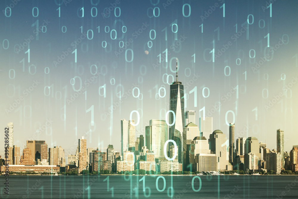 Poster abstract virtual binary code hologram on new york cityscape background, ai and machine learning conc