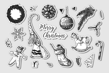 Christmas set. Different Christmas elements. New Year stickers. Sketch