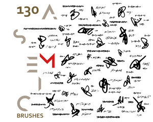 Set of 130 asemic brushes with unique shapes + editable raw vector for writing, poetry, script, contemporary painting, calligraphy, abstract arts, grunge strokes, scribbles. Create using AI CS6.