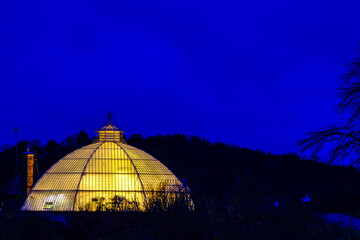 Stockholm, Sweden  The Bergianska Gardens or greeenhouses lit up at night.