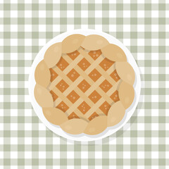 Pumpkin cake. Happy Thanksgiving. Green checkered tablecloth background pattern. Top view. Vector illustration, flat design