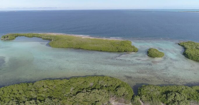 Aerial View Of Remote Lagoon And Mangrove In The  Los Roques venezuela CRASKY,  pan rigth  movement.
