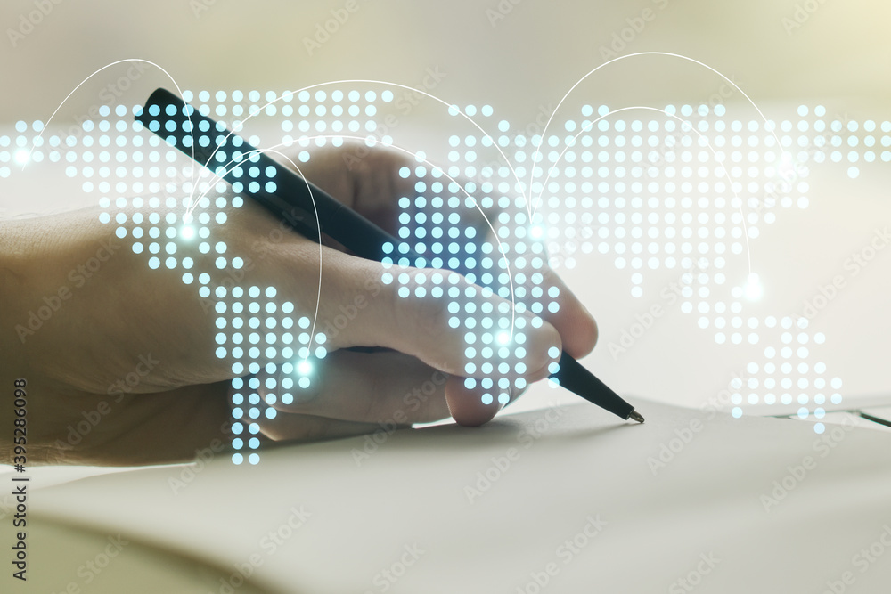 Poster abstract creative world map with connections and man hand writing in notebook on background, interna