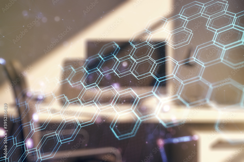 Poster Double exposure of technology hologram with hexagon and modern desktop with laptop on background. Research and development software concept