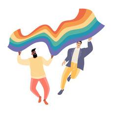 Vector illustration of two attractive men with LGBT flag.