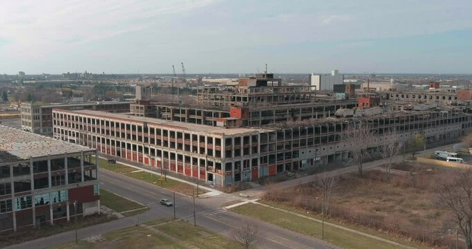 Aerial view of the dilapidated Packard Automotive Plant in Detroit, Michigan.This video was filmed in 4k for best image quality